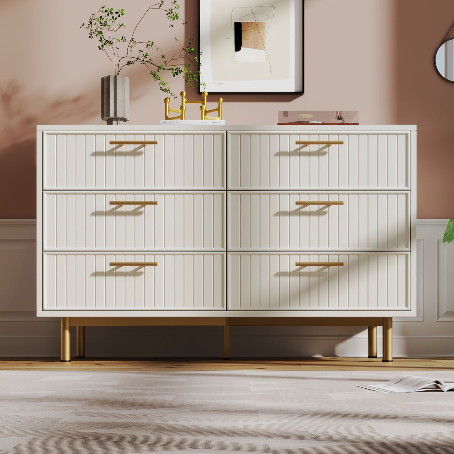 Ladekast – Ladenkast – Kommode – Dressoir – Opbergkast – Massief Houten Wit – 6 Lades Met Gouden Knoppen – Kant-en-Klaar Gemonteerd