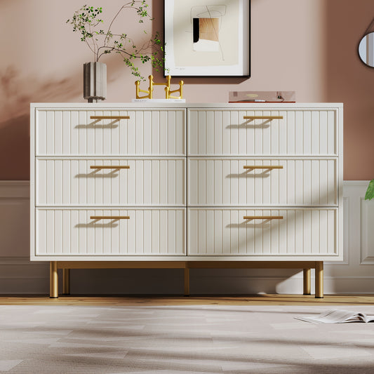 Ladekast – Ladenkast – Kommode – Dressoir – Opbergkast – Massief Houten Wit – 6 Lades Met Gouden Knoppen – Kant-en-Klaar Gemonteerd