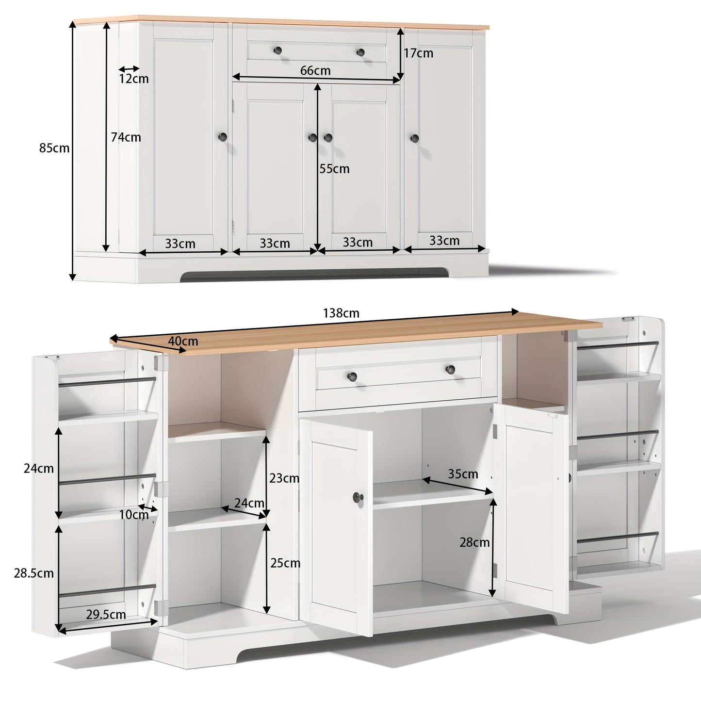 Modern White Metal Cabinet with Anti-Tip System - Multifunctional Storage Sideboard Suitable, & Bedroom - Adjustable Shelves & Drawers, Heavy-Duty 138cm Freestanding Furniture