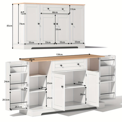 Modern White Metal Cabinet with Anti-Tip System - Multifunctional Storage Sideboard Suitable, & Bedroom - Adjustable Shelves & Drawers, Heavy-Duty 138cm Freestanding Furniture