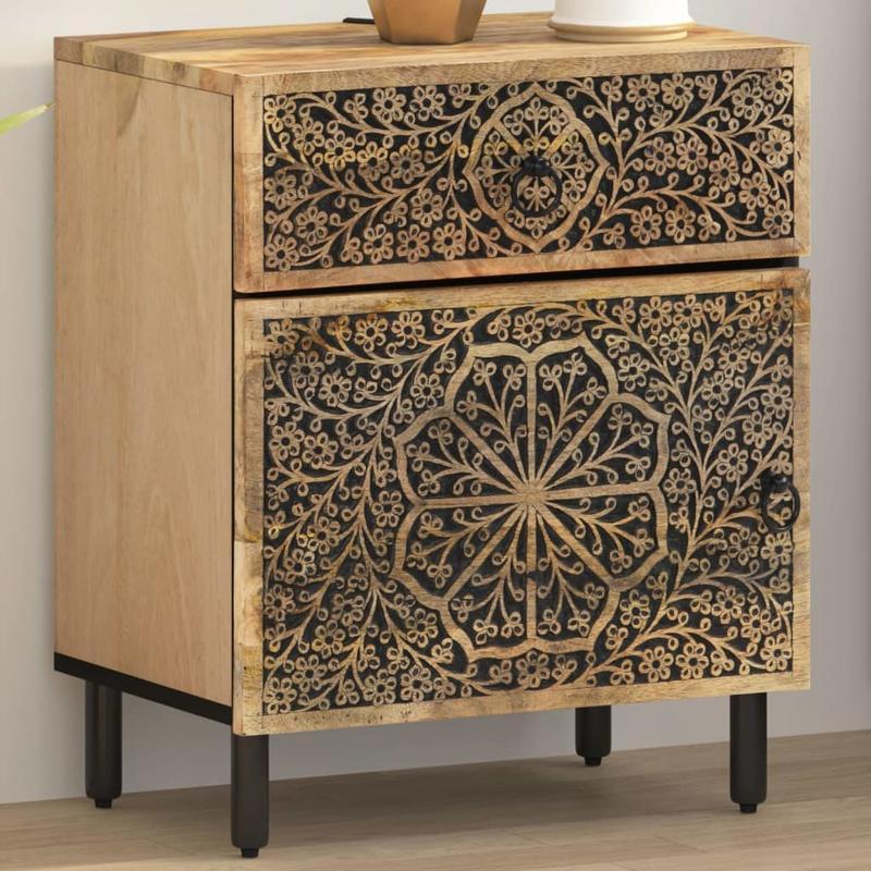 Nachtkastje – Bijzettafel – Ladekast – Opbergkast – Nachtkast – Massief Mangohout – Modern Design – Compact 50x33x60 cm – Zwarte en Gouden Deuren