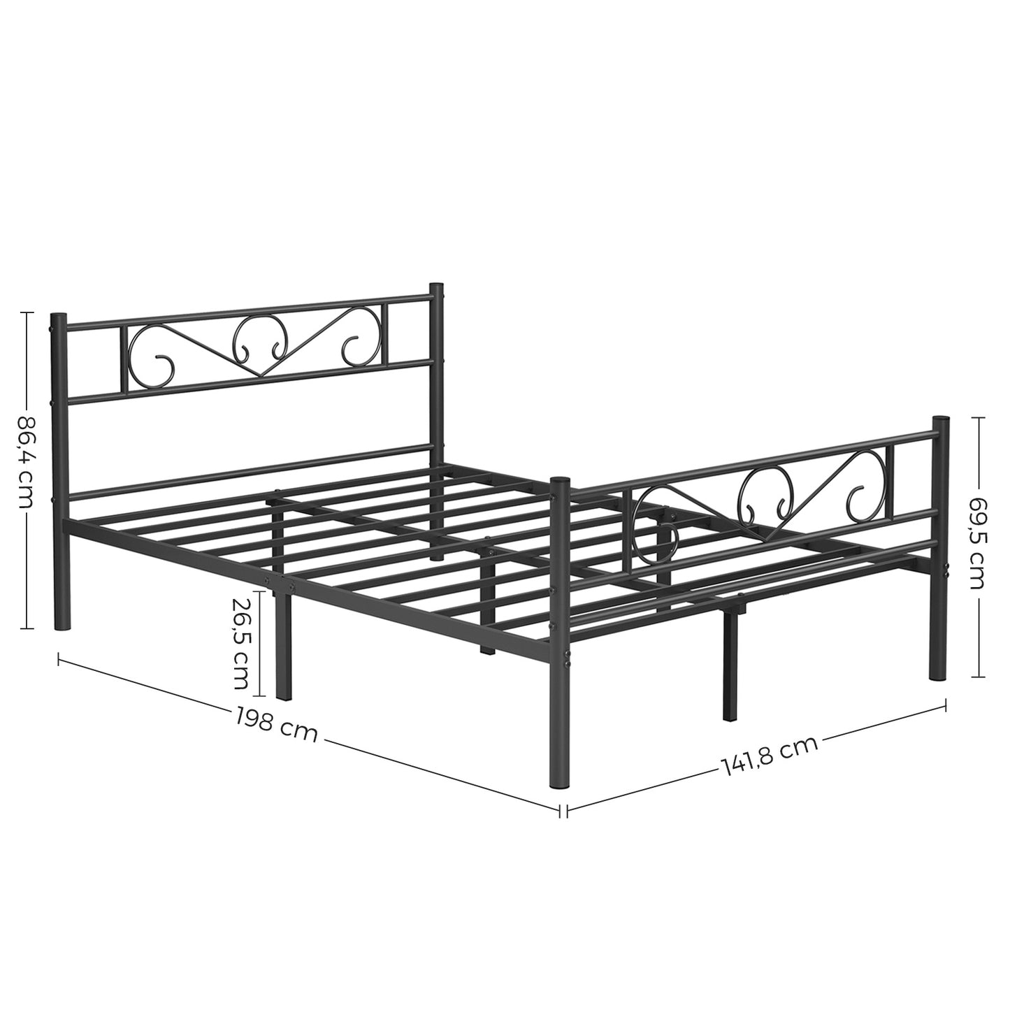 Bedframe – Tweepersoonsbed – Metalen Bed – Platformbed – Stalen Frame – Geschikt Voor Matras 140x190 cm – Robuust En Stabiel – Ruimte Onder Het Bed - Zwart