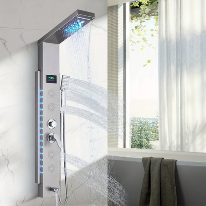 Stainless Steel Shower Column Shower Tower with Shower Mixer Tap, 7 Shower Modes:Rain And Waterfall Shower, 4 Body Massage Jets, 3 Modes Handheld Shower And Bathtub Spout, Brushed Nickel Shower Panel, Shower Sets For Bathroom