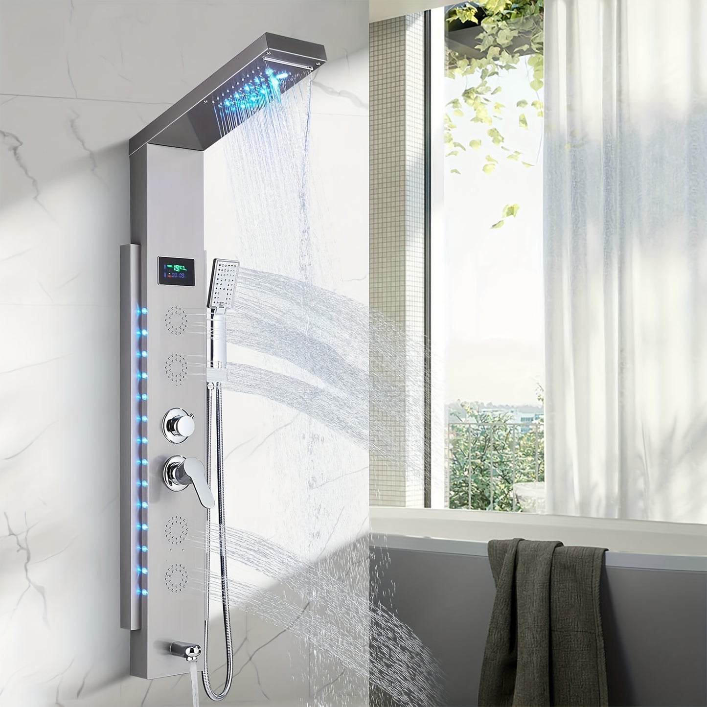 Stainless Steel Shower Column Shower Tower with Shower Mixer Tap, 7 Shower Modes:Rain And Waterfall Shower, 4 Body Massage Jets, 3 Modes Handheld Shower And Bathtub Spout, Brushed Nickel Shower Panel, Shower Sets For Bathroom