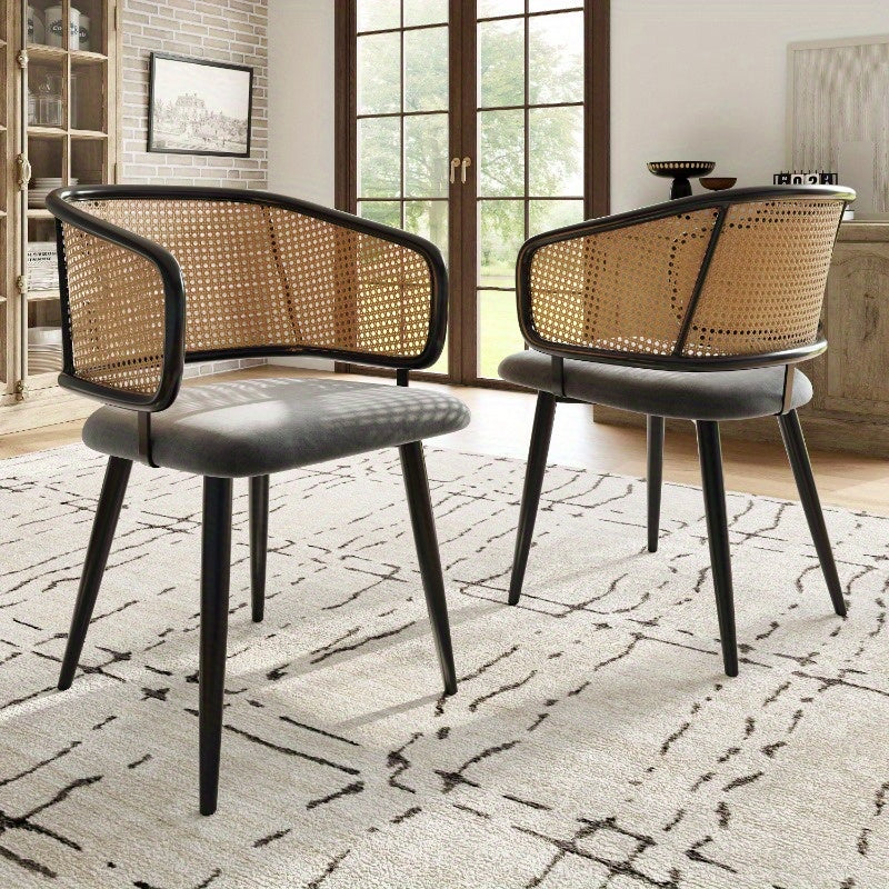 Eetkamerstoel – Stoel – Dining Chair – Keukenstoel – Caféstoel – Set Van 2 Stoelen – Fluwelen Zitting Met Rieten Rugleuning – Stevig Metalen Frame