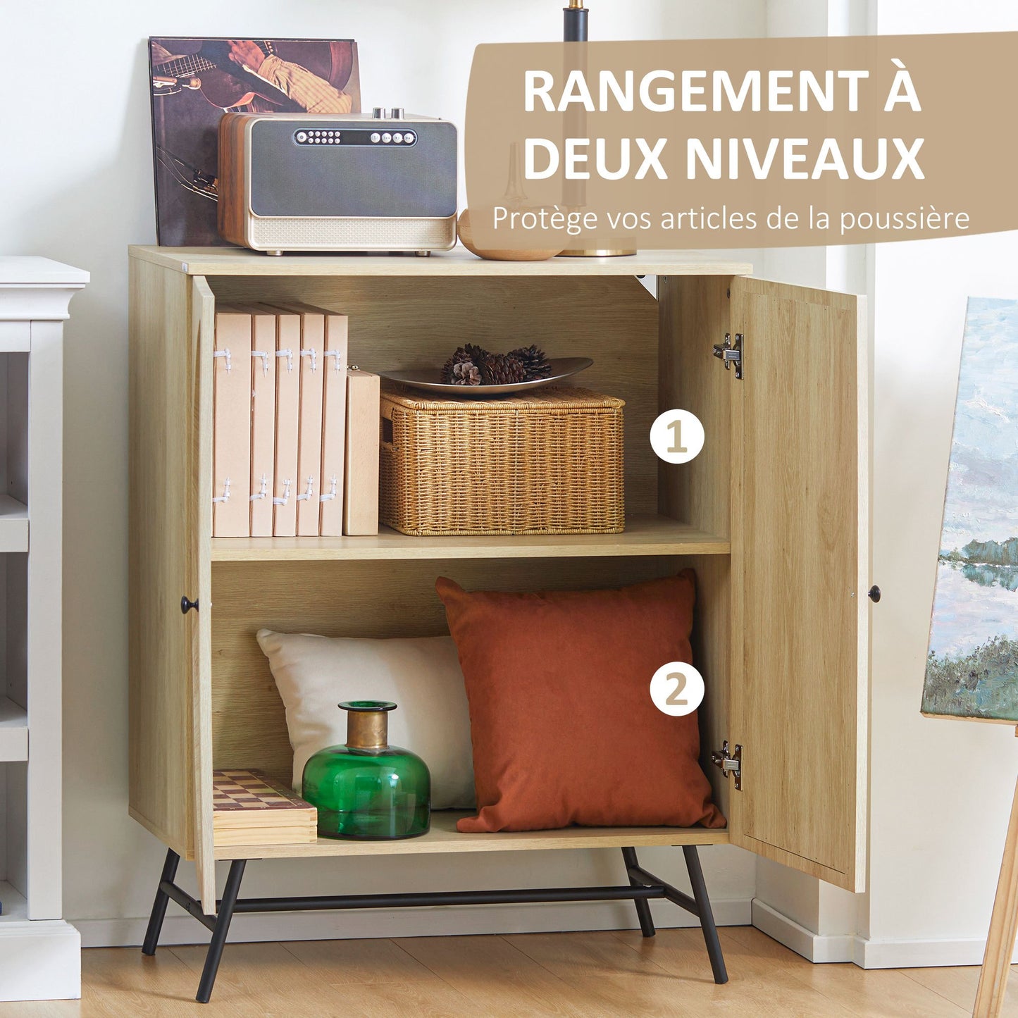 HOMCOM Storage Cabinet Buffet High Wooden And Wicker Design 2 Doors - 80 X 39 X 101.8 Cm Natural