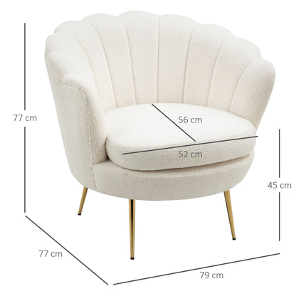Shell Fauteuil – Relaxstoel – Zithoekstoel – Leesstoel – Loungefauteuil – Compact Wit Design – 10 Cm Dikke Schuimvulling – Metalen Frame Gouden Poten