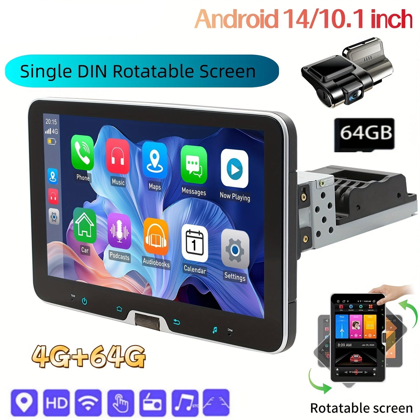 Autoradio – Single DIN Radio – Autoradio Multimedia – Draaibare Stereo – Vehicle Multimedia – 10,1 Inch HD IPS-Scherm – Android 14.0 met Draadloze CarPlay & Android Auto