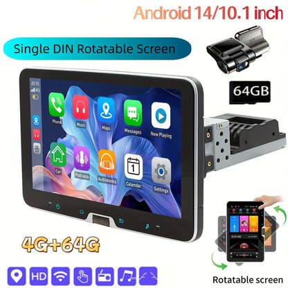 Autoradio – Single DIN Radio – Autoradio Multimedia – Draaibare Stereo – Vehicle Multimedia – 10,1 Inch HD IPS-Scherm – Android 14.0 met Draadloze CarPlay & Android Auto