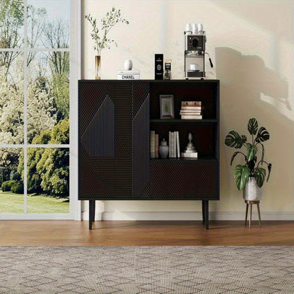 Dressoir – Opbergkast – Buffettafel – TV-meubel – Kast – Mat Zwart – Geometrisch Reliëf – 125x40x86 cm – Stevige Spaanplaat</s>