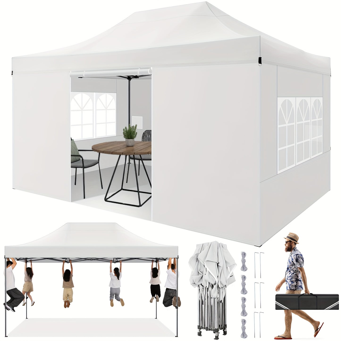 Feesttent – Partytent – Paviljoen – Tuintent – Overkapping – Pop-up Tent 3,05x4,57m – Hoogte Verstelbaar – Met Afneembare Zijwanden