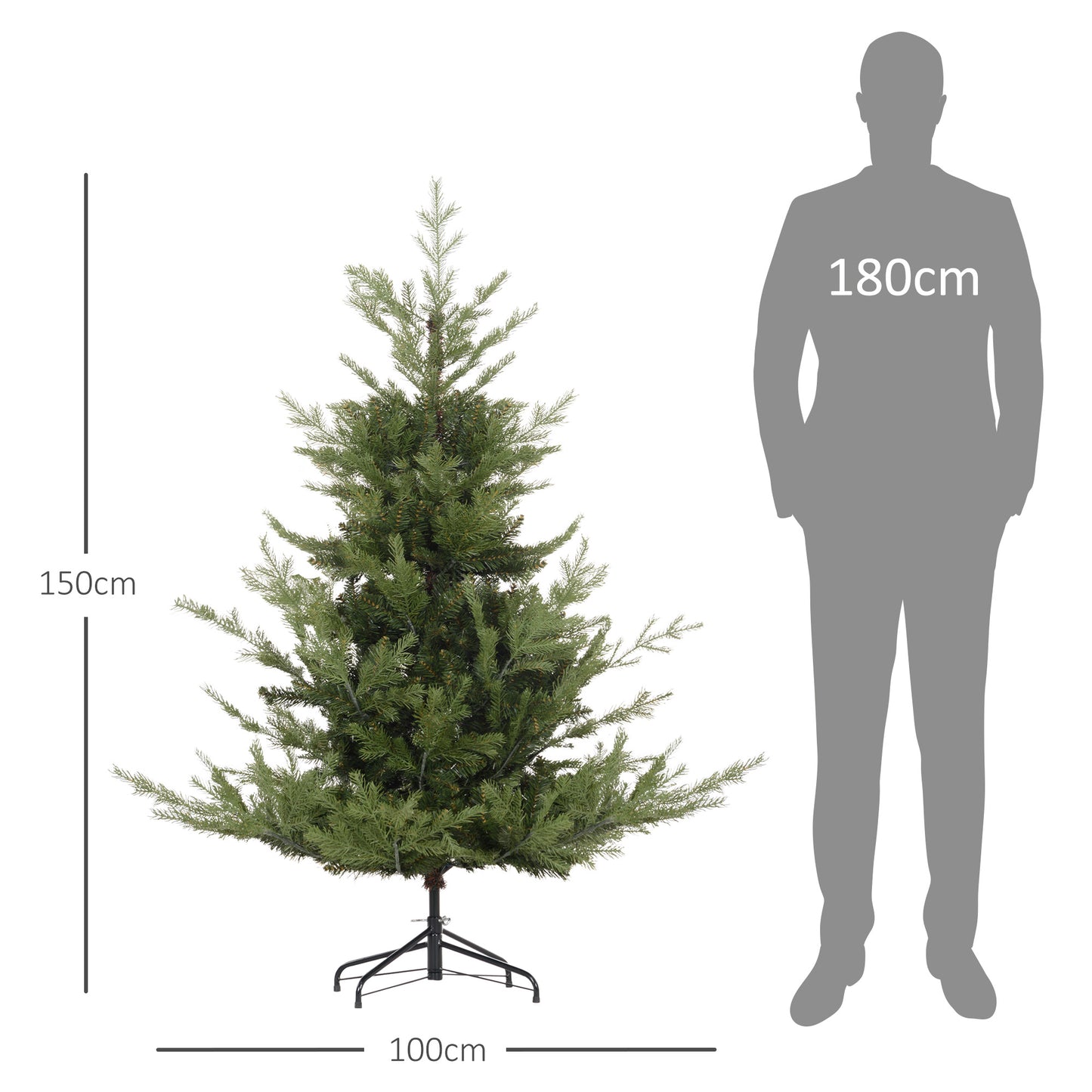Kunstkerstboom – Kunstkerstboom met LED – Kunstkerstboom nepspar – Kunstkerstboom groen – Kunstkerstboom binnen – Realistische uitstraling – Eenvoudig op te zetten – 150 cm hoog – Stevige metalen voet