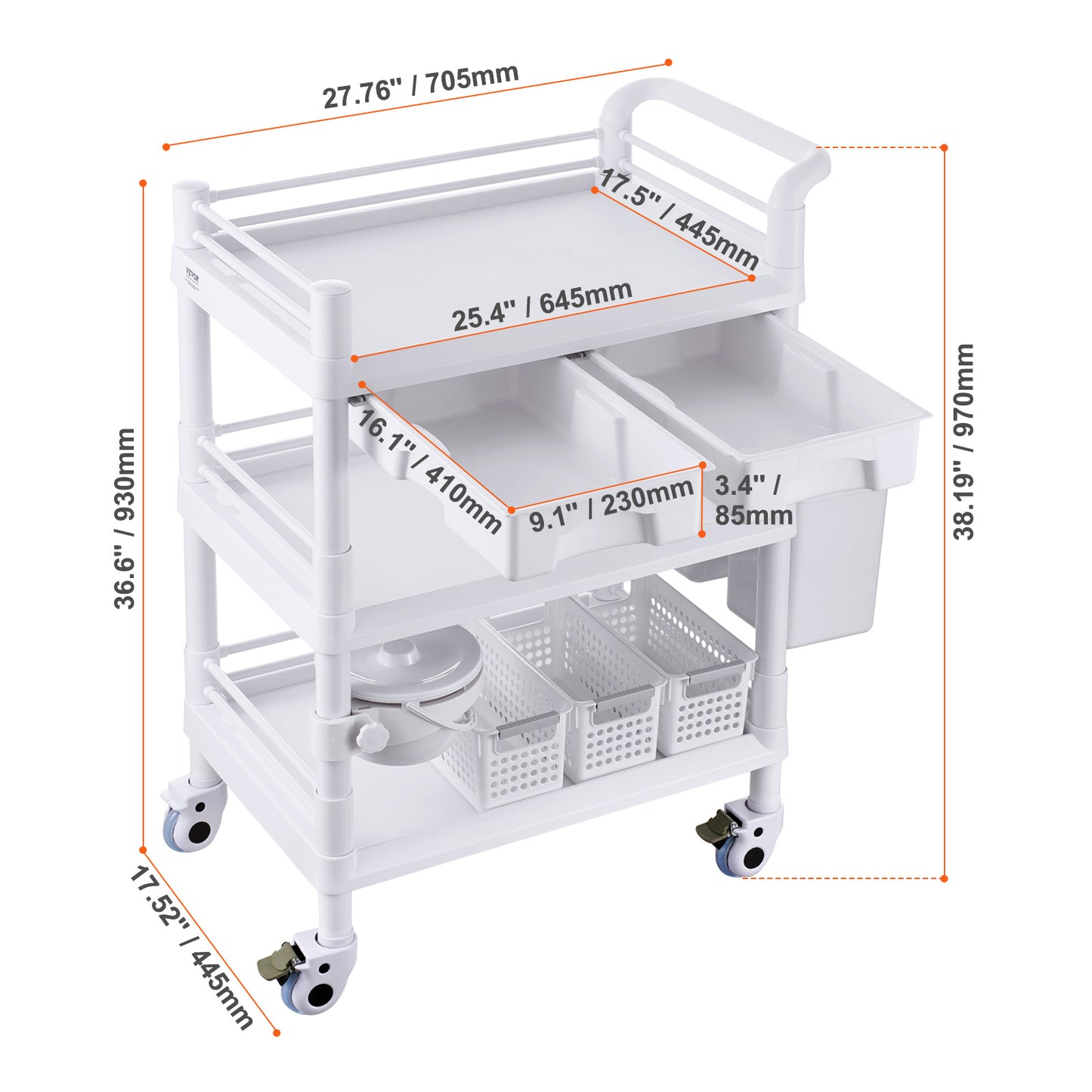 Medische Trolley – Mobiele Werkkar – Opslagwagen – Laboratoriumkar – Kliniektrolley – 3 Lagen Met 3 Afvalbakken – Duurzaam PP-Materiaal – 4 Stille Wielen