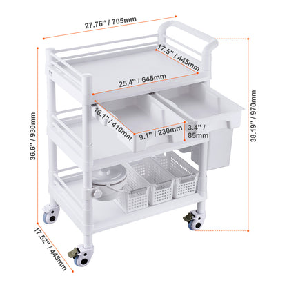 Medische Trolley – Mobiele Werkkar – Opslagwagen – Laboratoriumkar – Kliniektrolley – 3 Lagen Met 3 Afvalbakken – Duurzaam PP-Materiaal – 4 Stille Wielen