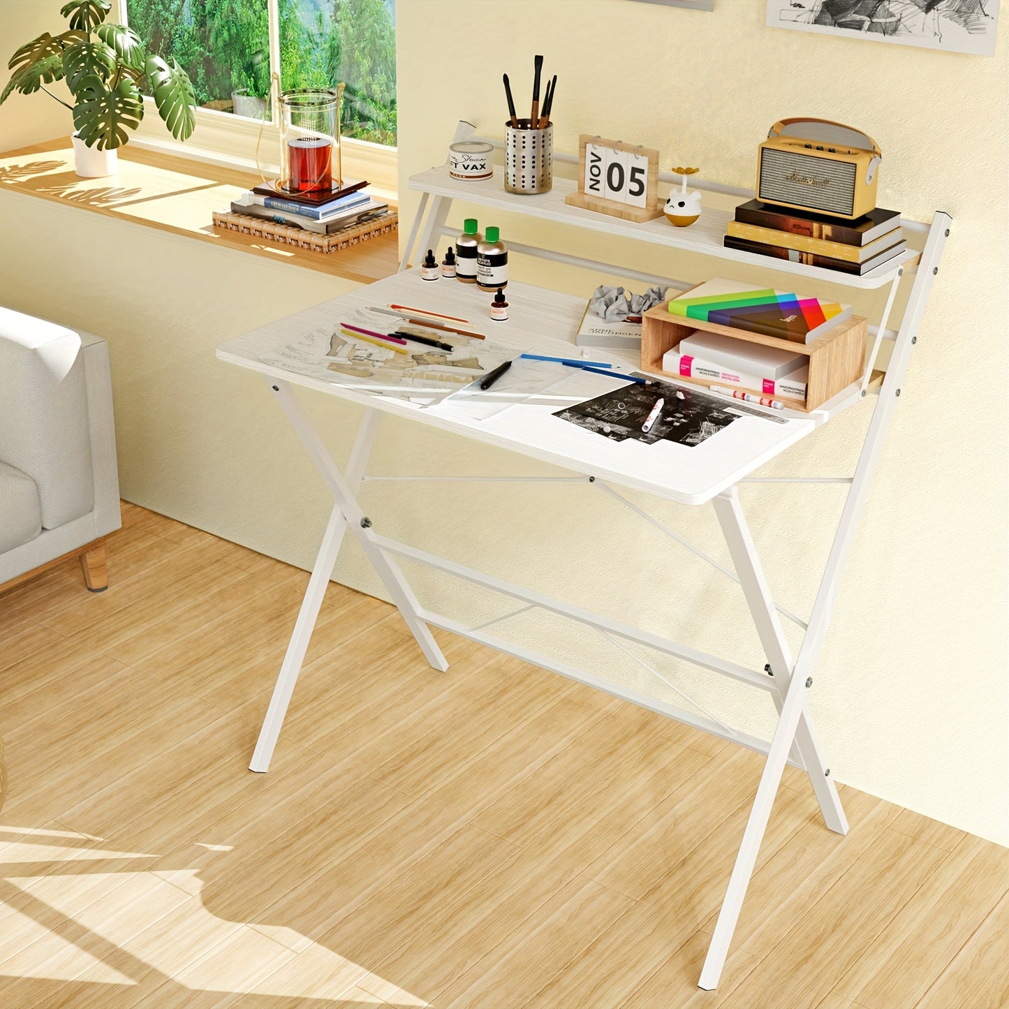 2-layer Long Table, Wooden White Desk, Modern Writing Desk, Multi-purpose, Home And University Dormitory, 80x50x75cm