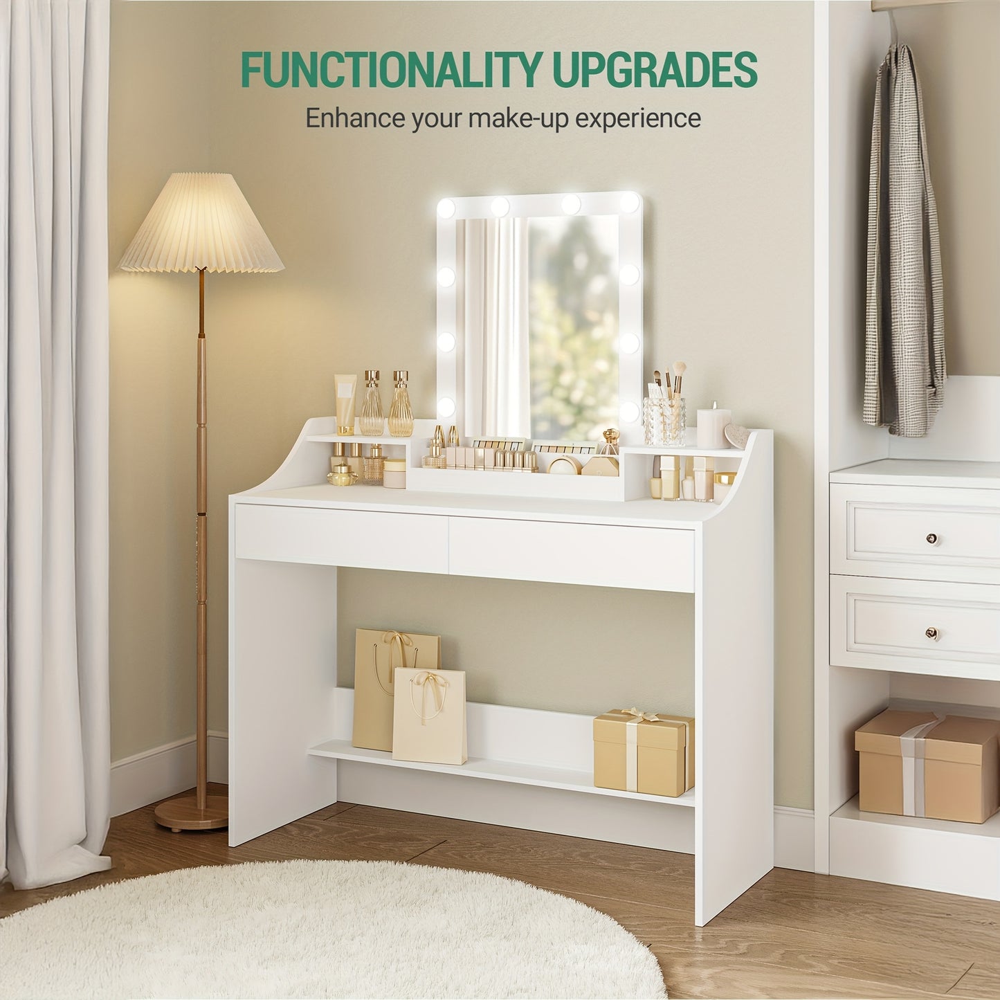 Toilettafel – Kaptafel – Make-up Tafel – Schminktisch – Meisjestafel – LED Verlichting – Verstelbare Helderheid – 108 cm – Wit – 2 Lades – 3 Open Vakken