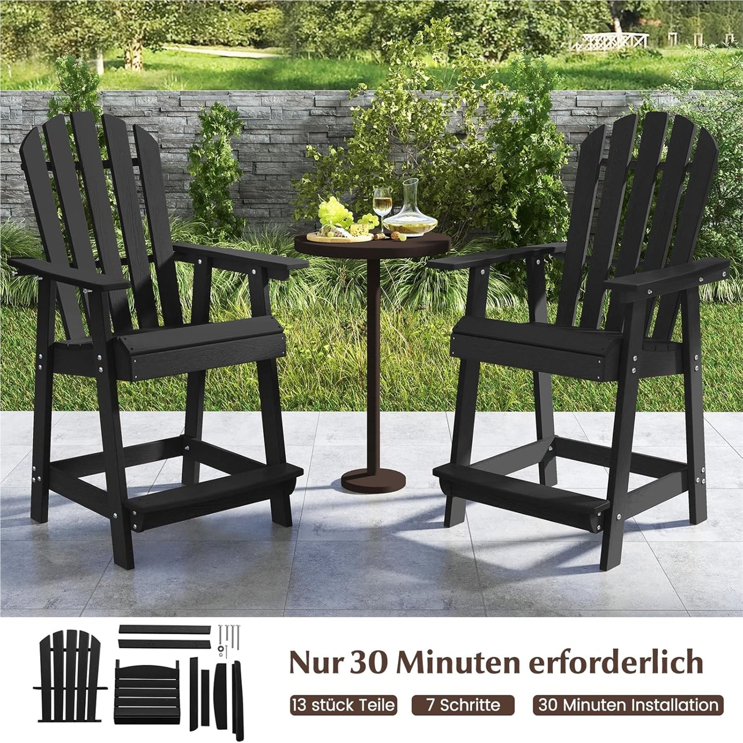 Adirondack stoel – hoge tuinstoel – balkonstoel – terrasstoel – barstoel – weerbestendig HDPE – met voetensteun zwart