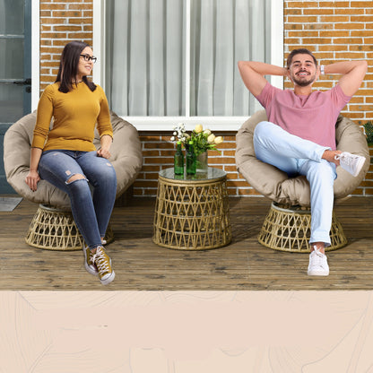 Patio Set – Loungeset – Fauteuilset – Tuinmeubelset – Buitenset – Draaibare Papasan Stoelen – Ronde Tafel – UV-Bestendig – Polyester Rattan – Bruin – 3-Delig – Incl. Kussens - QUORE