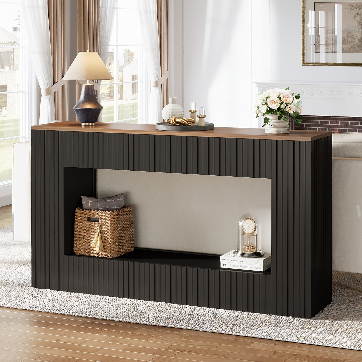 Sidetable – Console Tafel – Halmeubel – Bijzettafel – Sofa Tafel – Walnoot & Zwart – Smal Langwerpig Ontwerp – Hoogwaardig Houten Materialen