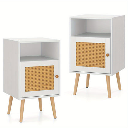 Nachtkastjes – Bedkastje – Bijzettafel – Opbergkast – Slaapkamerkast – Set Van 2 – Rattan Detail – Compact 40x40x70 cm