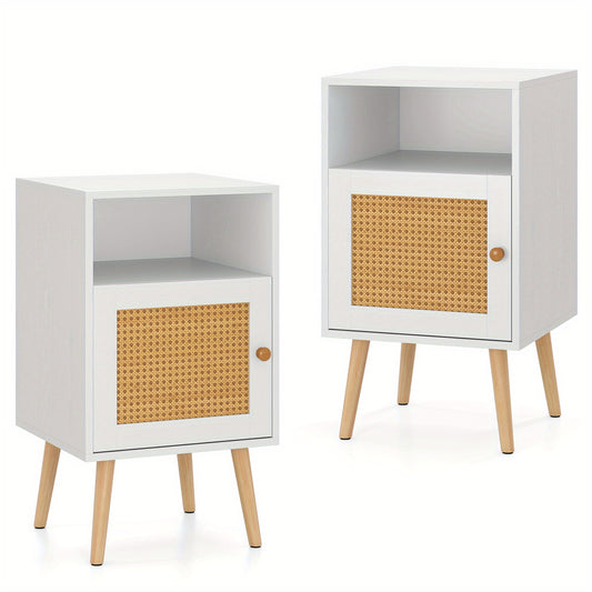 Nachtkastjes – Bedkastje – Bijzettafel – Opbergkast – Slaapkamerkast – Set Van 2 – Rattan Detail – Compact 40x40x70 cm