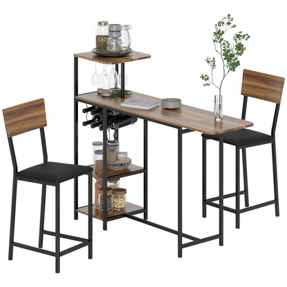 3-Delige Barset – Bar Tafel – Bistro Set – Terrasmeubilair – Huisbar – Bruin – Met Wijnrek en Glashouder – Comfortabele Stoelen met Voetsteunen