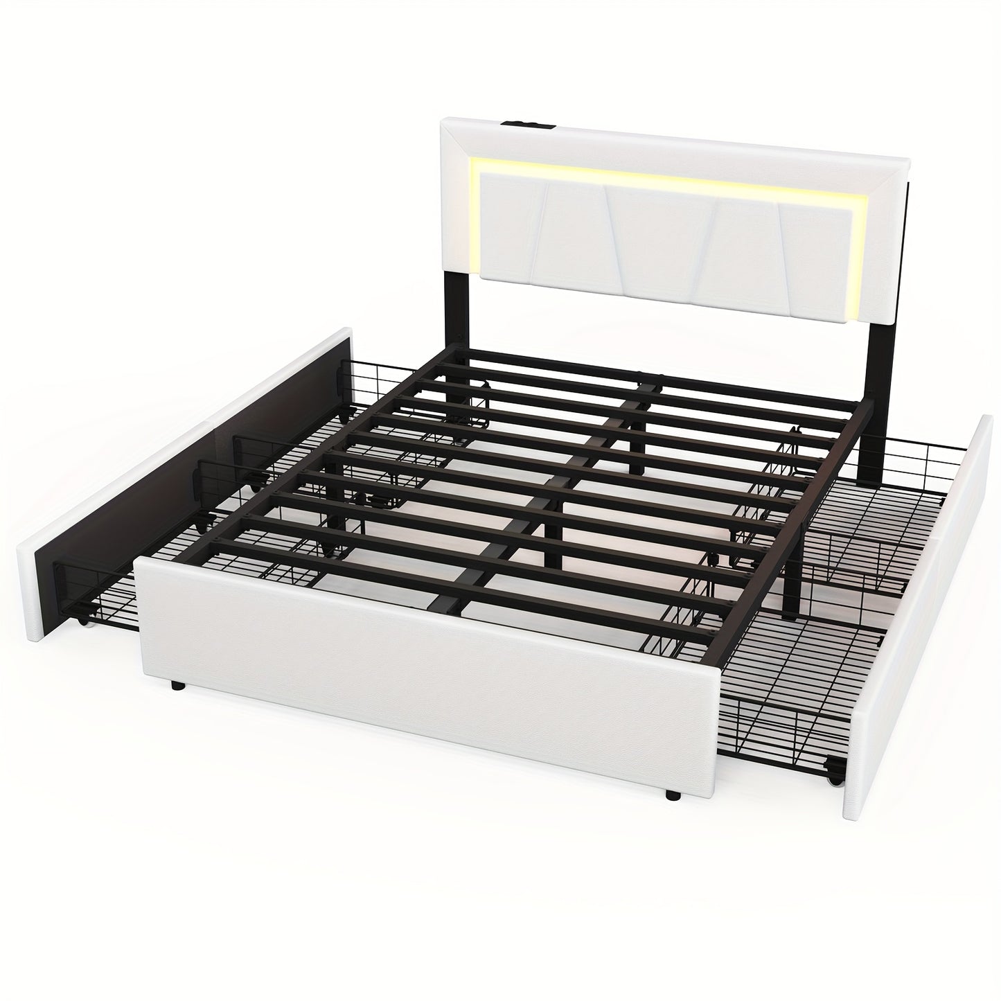 Gestoffeerd Tweepersoonsbed – Bedframe 160x200 – Opbergbed – Ladebed – Ruimtebesparend Bed – Met 4 Lades – Wit PU-Leer – Stevig Metalen Frame