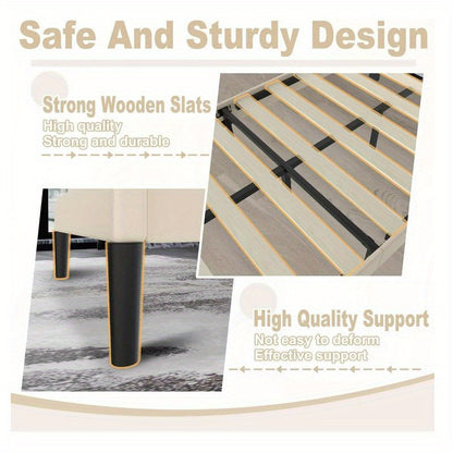 Bedframe – Metalen Bed – Gestoffeerd Bed – Eenpersoonsbed – Slaapbank – Met Lederen Hoofdbord – 140x200 cm – Stevig Metalen Frame