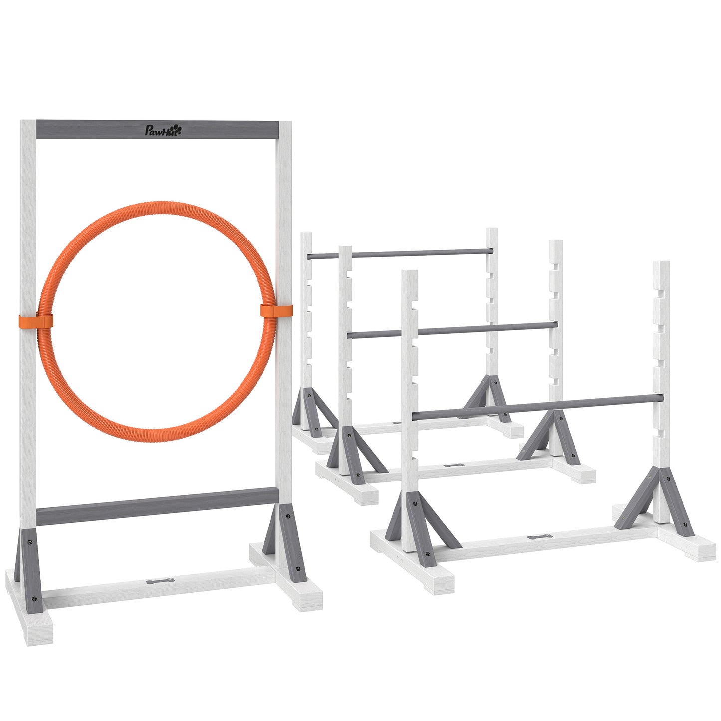 Agilityset hond – Behendigheidsset – Hondentraining – Horden – Springring – 4-delig – Verstelbare Hoogte 21-61 cm – Gemaakt van Duurzaam Grenenhout en Plastic
