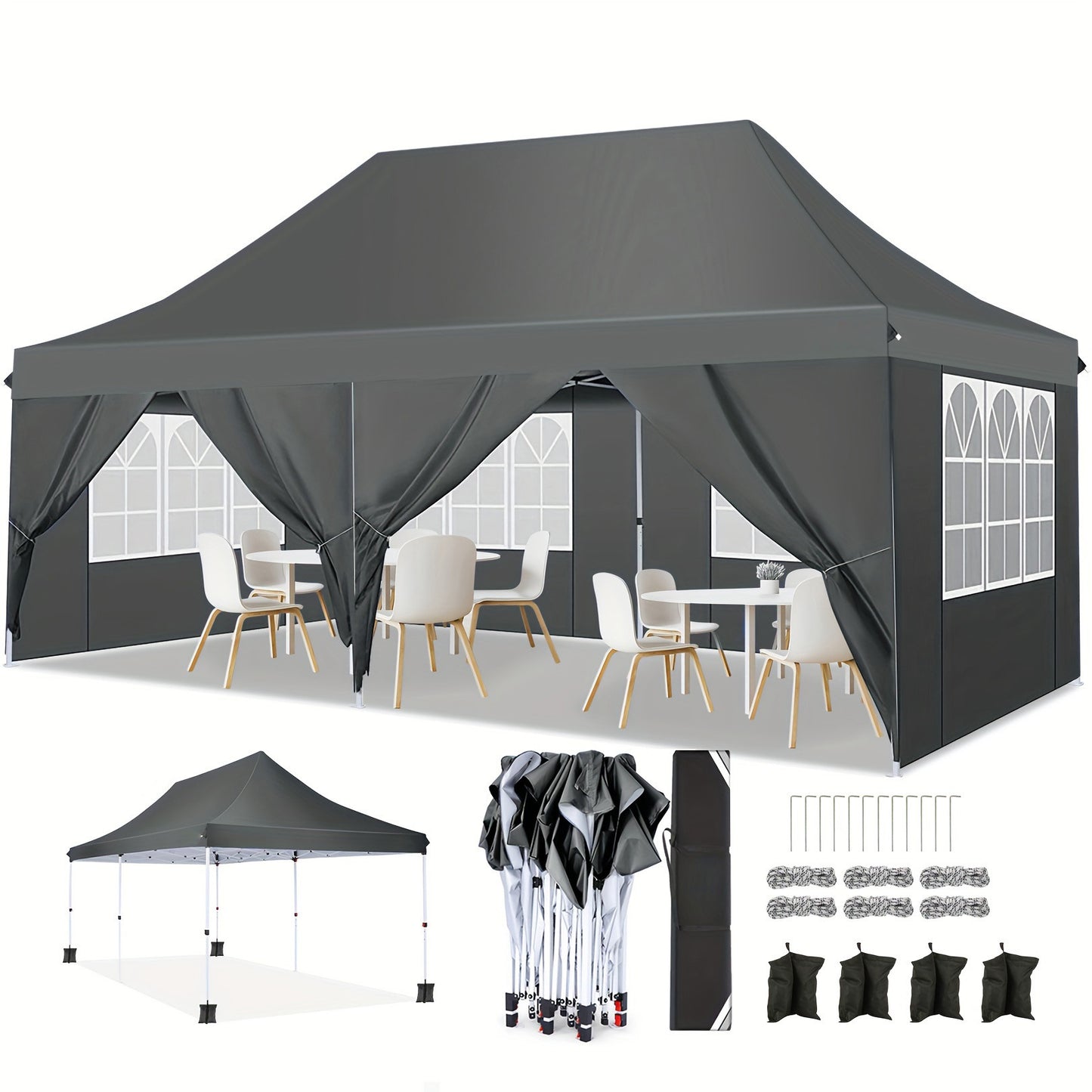 Pop-up Tent – Partytent – Paviljoen – Vouwtent – Buitenluifel – 3x6 Meter – 6 Afneembare Zijwanden – Waterafstotend Polyester – Inclusief Draagtas – Grijs