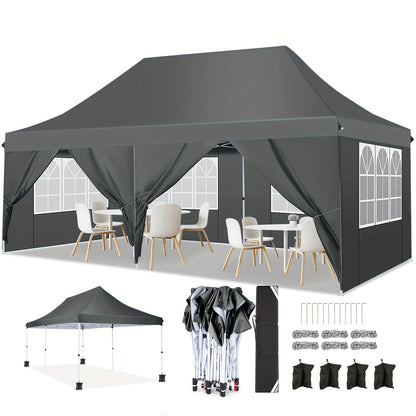 Pop-up Tent – Partytent – Paviljoen – Vouwtent – Buitenluifel – 3x6 Meter – 6 Afneembare Zijwanden – Waterafstotend Polyester – Inclusief Draagtas – Grijs