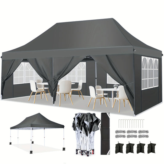 Pop-up Tent – Partytent – Paviljoen – Vouwtent – Buitenluifel – 3x6 Meter – 6 Afneembare Zijwanden – Waterafstotend Polyester – Inclusief Draagtas – Grijs