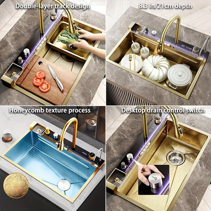 Keukenspoelbak – Gootsteen – Wasbak – Spoelbak – Enkele Bak – 74,9 cm – Gouden Geborsteld RVS – Nanocoating – Undermount Met Afvoer Rechts