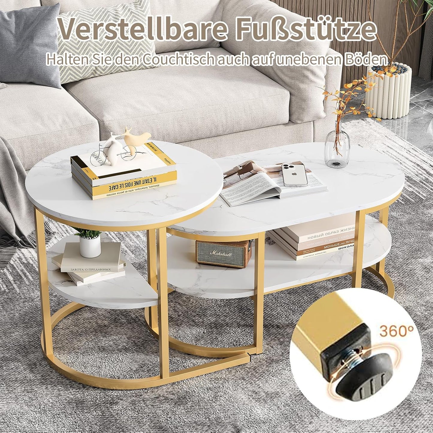 Salontafelset – Bijzettafel – Woonkamertafel – Sofa Tafel – Opbergtafel – Rond en Ovaal – Met Opbergruimte – Met Metalen Frame en Marmerlook Blad