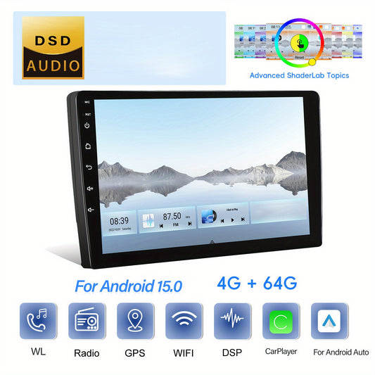 [4GB+64GB] Android 15.0 Double Din Car Stereo with Wireless CarPlay, Android Auto, GPS Navigation, 22.86cm IPS Touchscreen, Quad-Core Processor, Built-in DSP, Wireless, for Cars, Trucks, SUVs - Aftermarket Automotive Head Uni