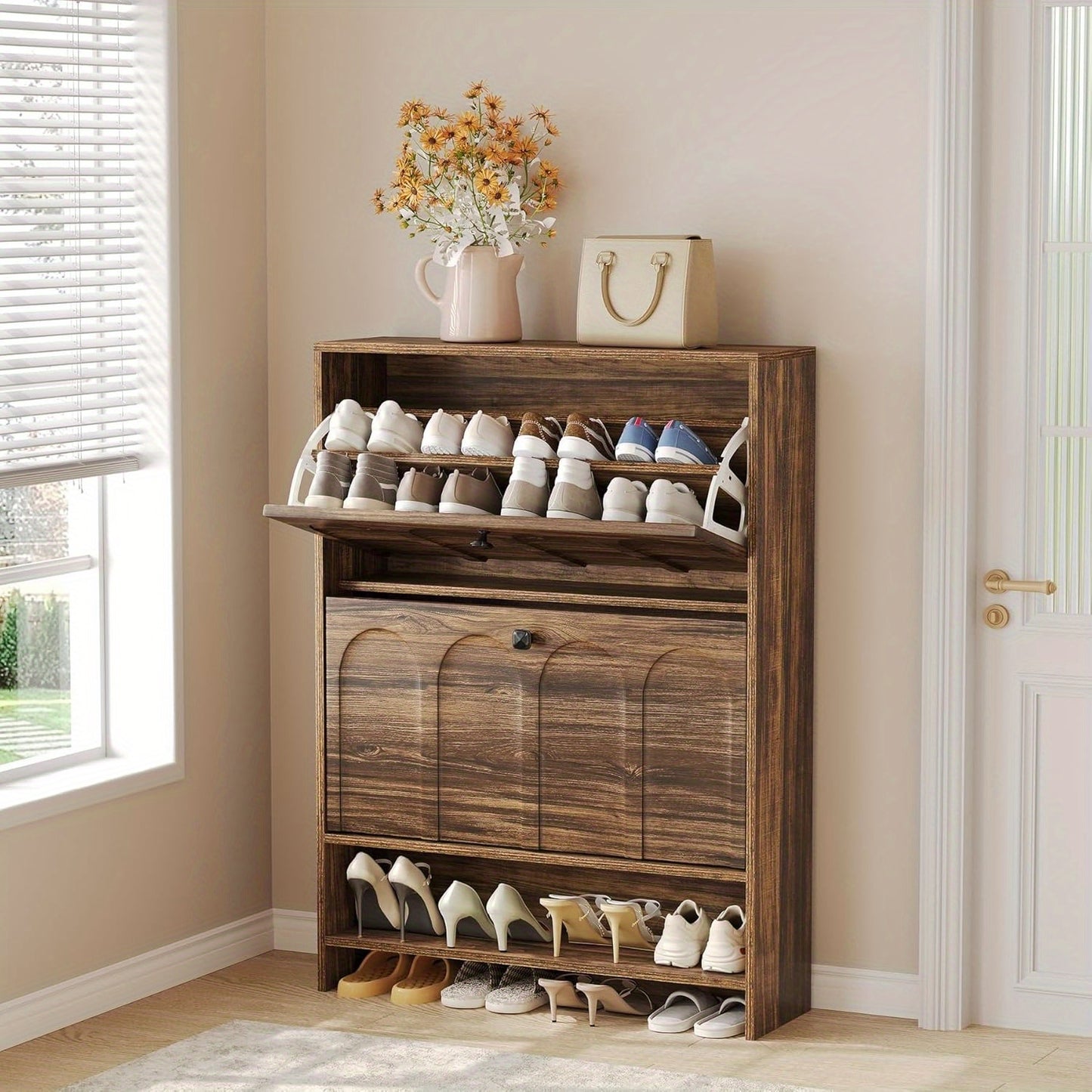 Schoenenkast Smal – Schoenenopberger – Schoenenschuifkast – Halmeubel – Schoenrek – Space-Saving Design – Duurzame Houten Constructie – 2 Kiepdeuren & Open Plank