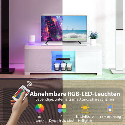 Tv-meubel – TV-kast – Media-meubel – Dressoir – Lowboard – Wit Spaanplaat – LED-verlichting – Glazen Plank – 2 Deuren – Kabeldoorvoer