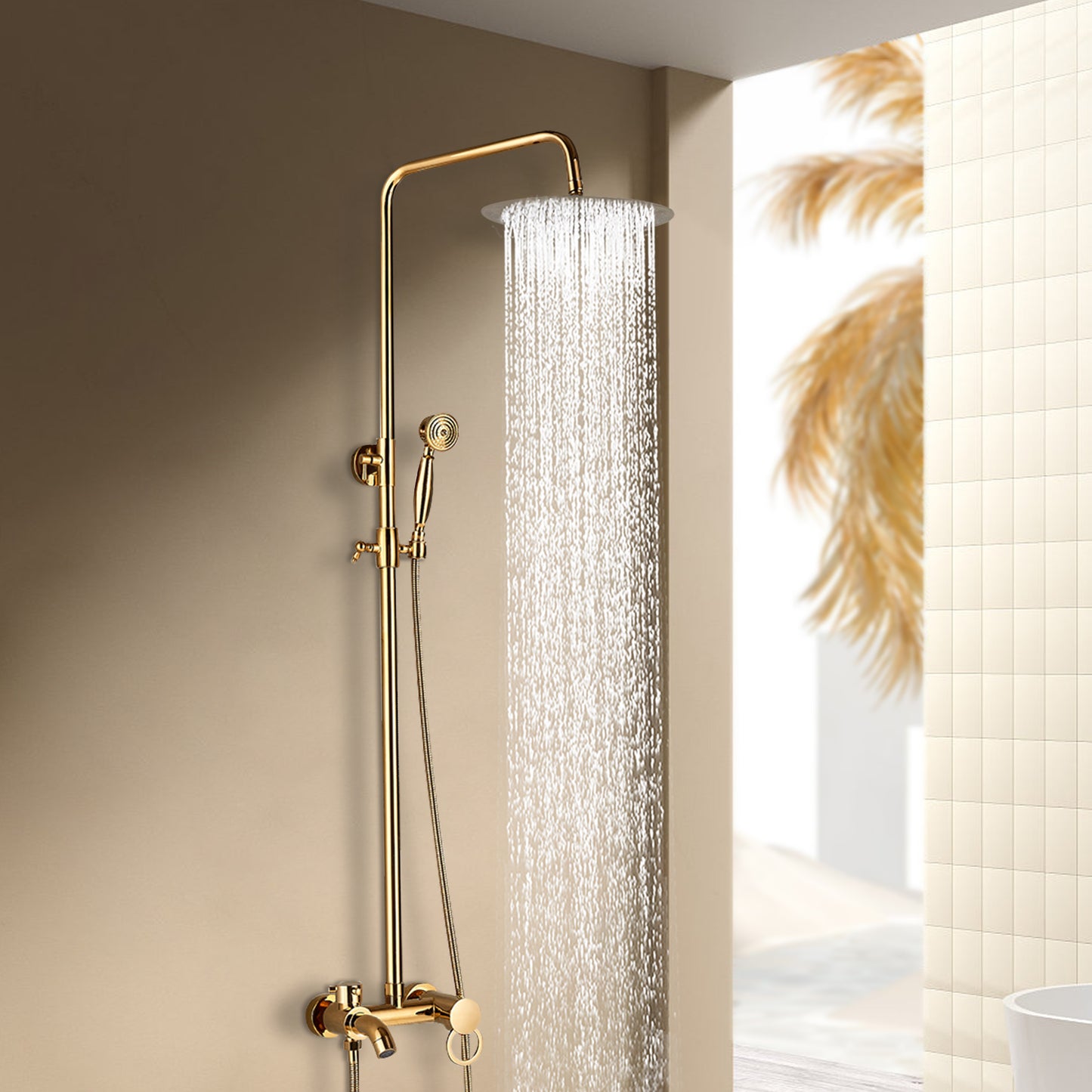 CNCEST Luxury Golden Shower Set with Handheld Spray & 20cm Rain Shower Head - Adjustable Height 31.5-46 Inch Wall-Mounted Brass & Stainless Steel Bathroom Faucet System, Modern Circular Design for Home & Hotel Bathrooms, Comp