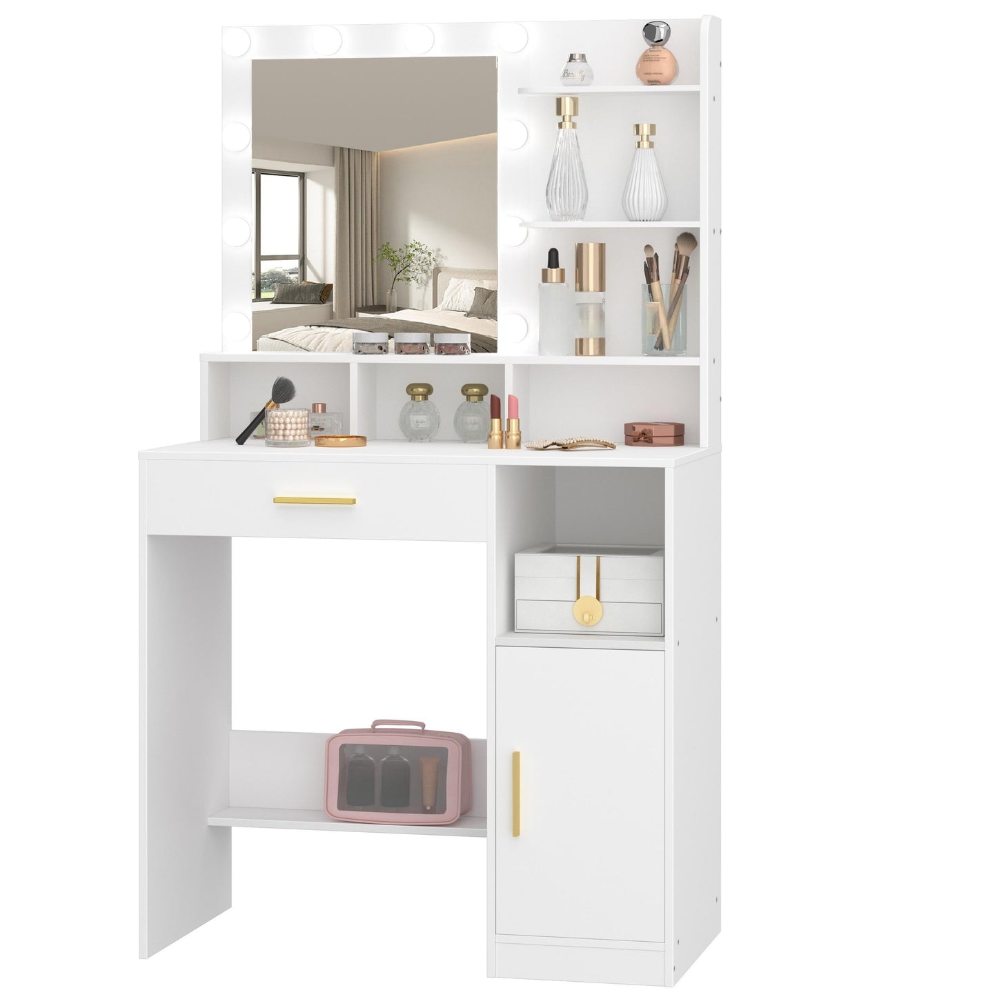 Kaptafel – Make-uptafel – Visagietafel – Schminktisch – Toilletset – Met Spiegel – 10 LED Lampjes – Verstelbare Lichtsterkte – 3 Open Planken – Inclusief Grote Lade en Kast