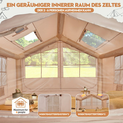 Opblaastent – Opblaasbare Tent – Familietent – Kampeertent – Tunneltent – Ruim 6-10 Persoons – Stevig Oxford Doek – Ventilatie & Muskietengaas