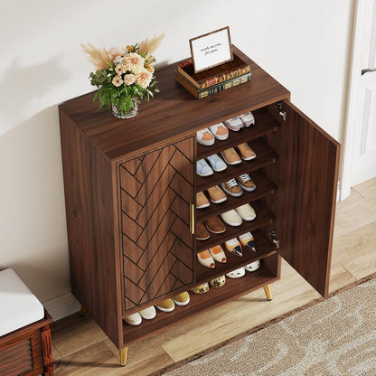 Schoenenkast – Schoenenrek – Schoenenopberger – Halkast – Schoenenbank – 6 Lagen – Hout Met Walnoot – Verstelbare Planken – 24 Paar Schoenen – Gouden Poten - QUORE
