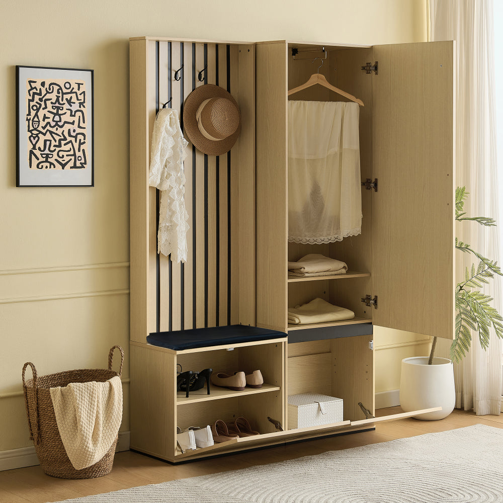Halmeubel – Kapstok – Schoenenkast – Garderobe – Opbergmeubel – Met Spiegel en Bankje – Uittrekbare Kledingrail en 4 Haken – Ruimtebesparend Design voor Kleine Hal