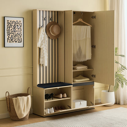 Halmeubel – Kapstok – Schoenenkast – Garderobe – Opbergmeubel – Met Spiegel en Bankje – Uittrekbare Kledingrail en 4 Haken – Ruimtebesparend Design voor Kleine Hal