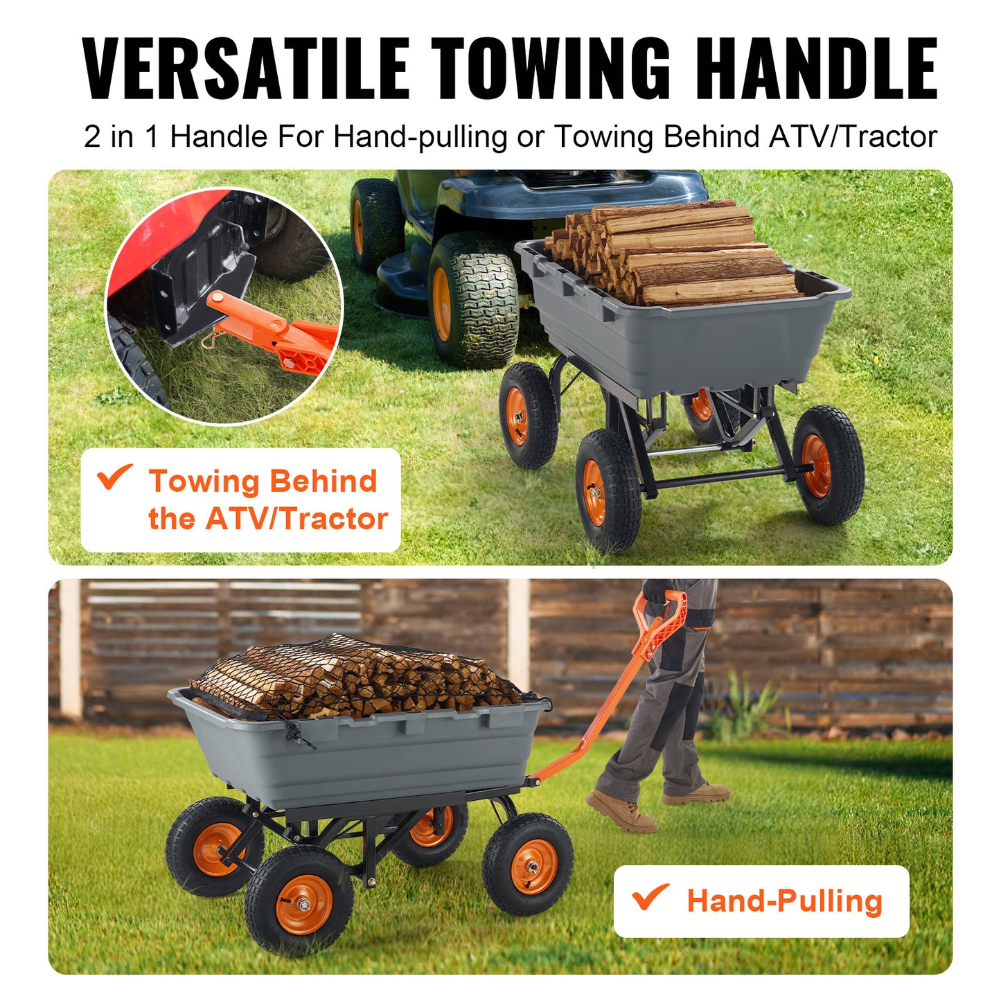 Tuinwagen – Kruiwagen – Transportkar – Bakwagen – Multikar – Hoge Draagkracht Tot 680 kg – 2-in-1 Multifunctionele Handgreep Met 13 Inch Rubberbanden