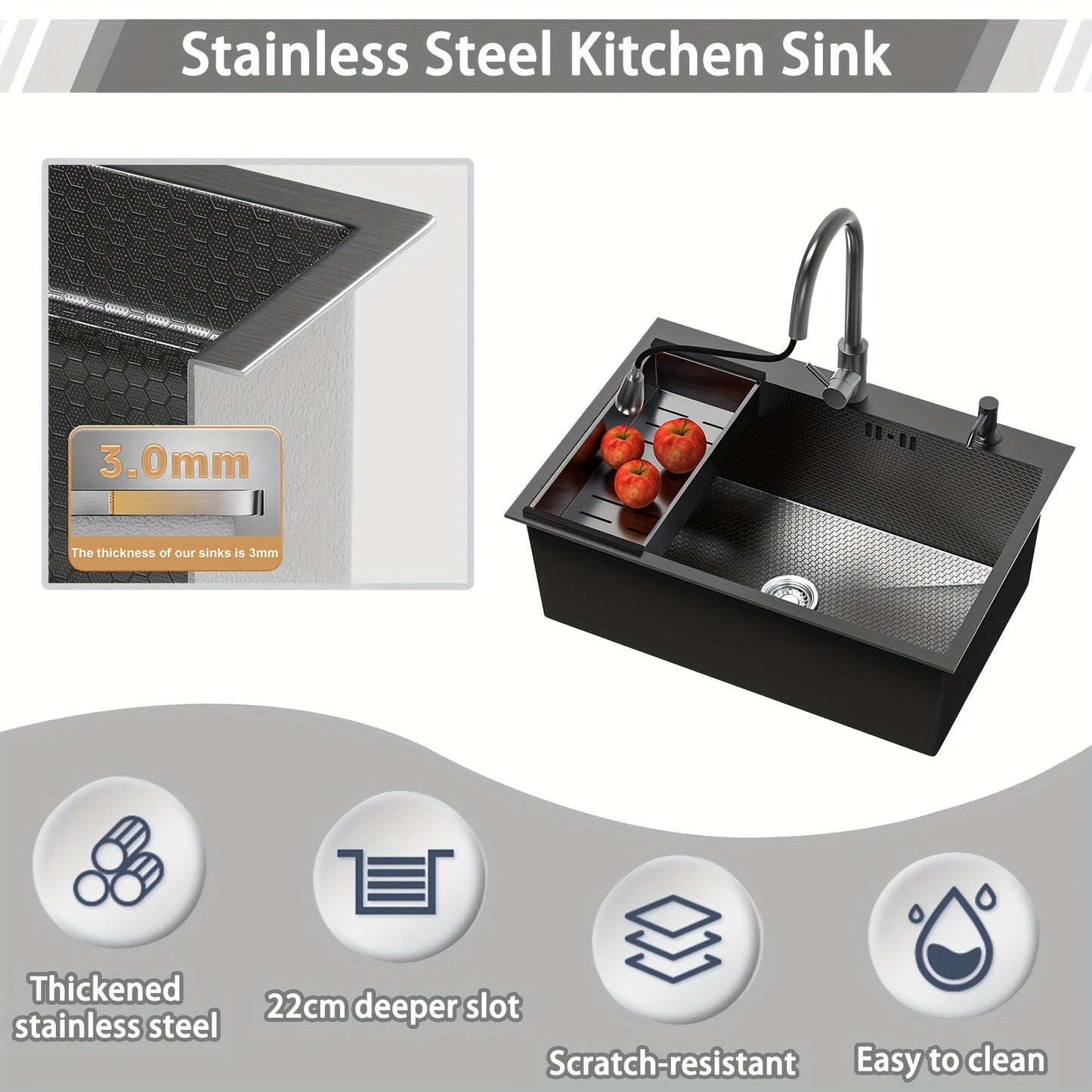Stainless Steel Handmade Sink with Single Slot, Black Honeycomb Embossed Sink, Countertop Sink with Pull-Out Faucet, Soap Dispenser, Drain Basket, And Drainage Kit 80X50Cm
