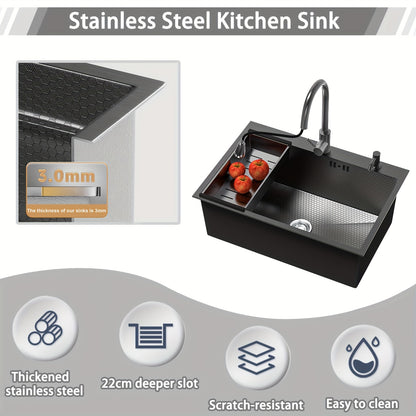 Stainless Steel Handmade Sink with Single Slot, Black Honeycomb Embossed Sink, Countertop Sink with Pull-Out Faucet, Soap Dispenser, Drain Basket, And Drainage Kit 80X50Cm