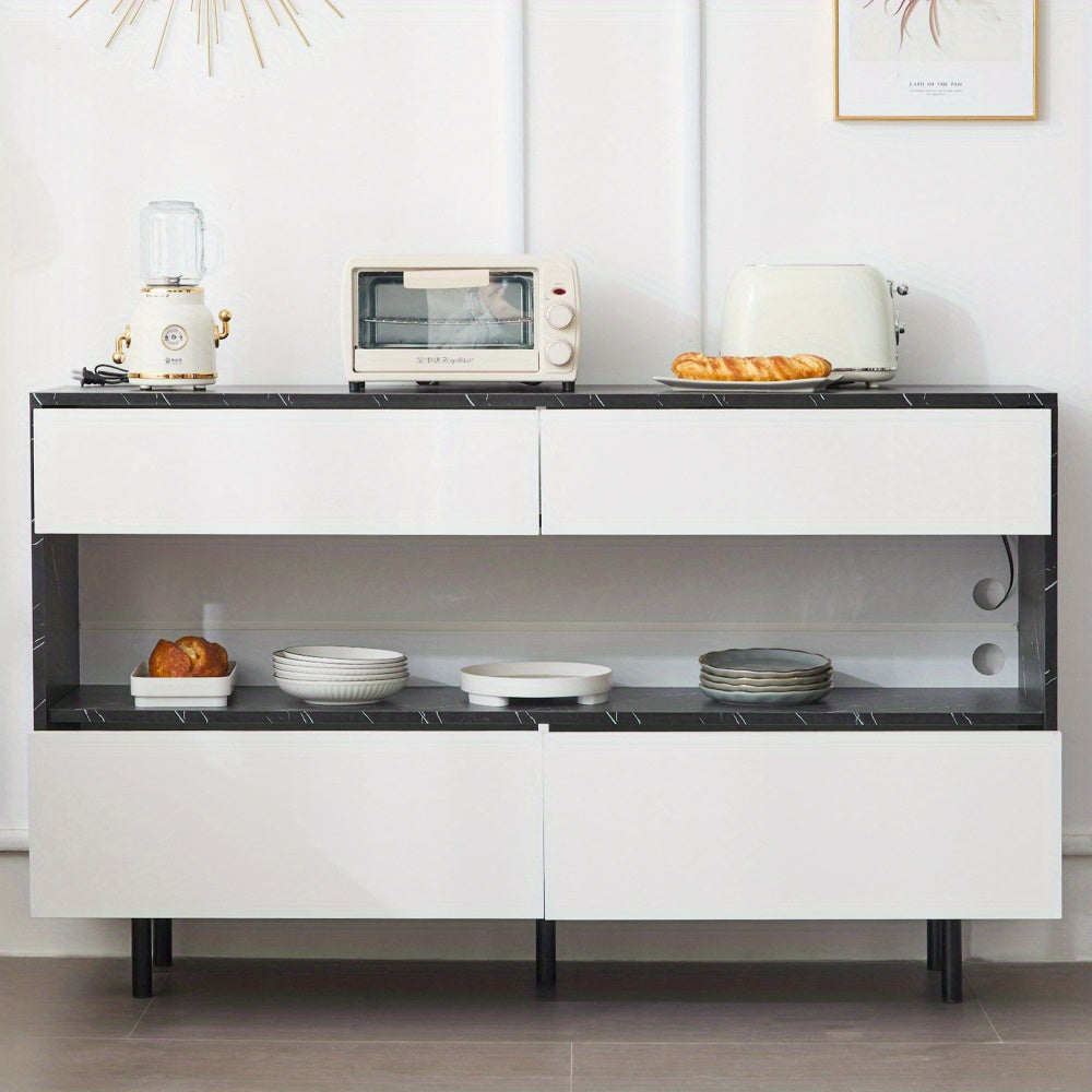 Dressoir – Buffetkast – Sideboard – Opbergkast – Commode – Wit Zwart – Marmerlook Blad – Stabiel Metalen Frame – 150x35x89,5 cm – 4 Laden + Open Plank