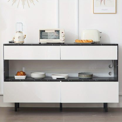 Dressoir – Buffetkast – Sideboard – Opbergkast – Commode – Wit Zwart – Marmerlook Blad – Stabiel Metalen Frame – 150x35x89,5 cm – 4 Laden + Open Plank