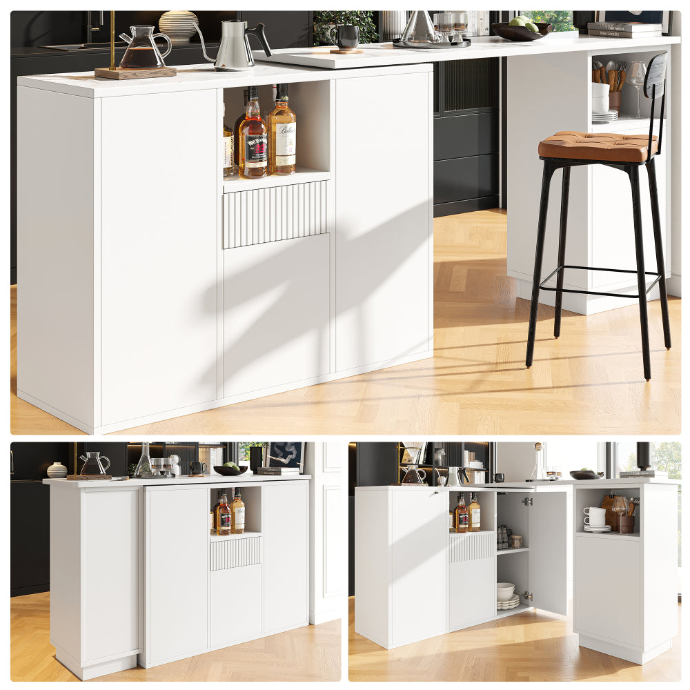360° Rotating Marble Top Bar Island Table with Storage Shelves - Modern White Multifunctional Workstation, Easy Assembly Space-Saving design for small homes/Offices/Kitchens (210x30x100.9cm, Metal Frame)