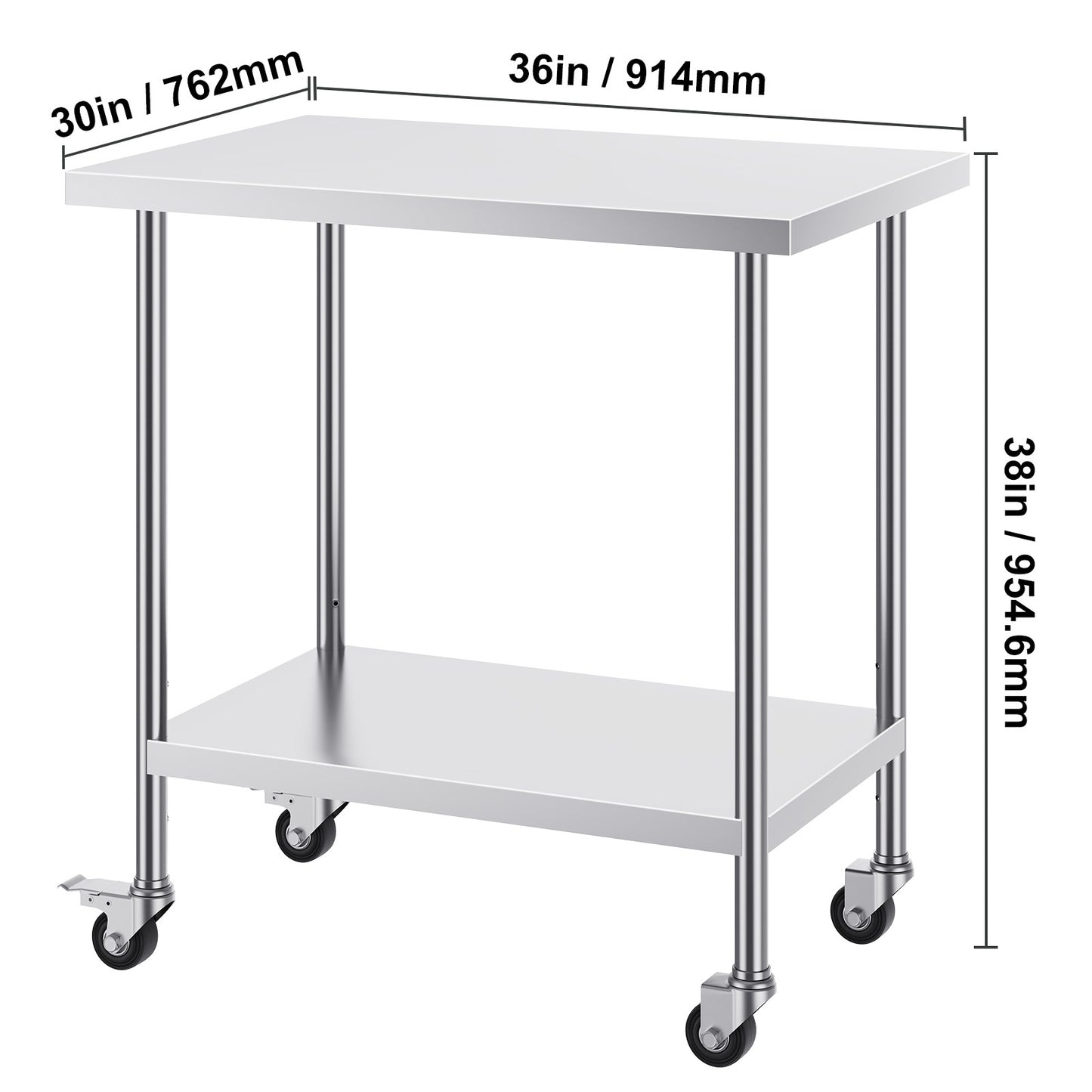 RVS Werktafel – Roestvrijstalen Werkbank – Keukentafel – Cateringtafel – Professionele Werktafel – 91x76x97 cm – 3 Verstelbare Planken – 4 Zwenkwielen Met Rem